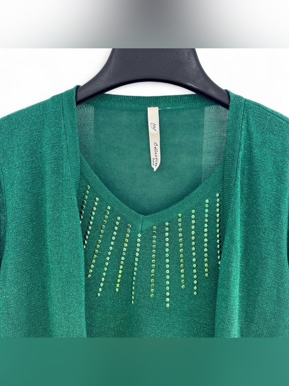 NY Collection PXL Sweater Top Green Metallic Glitter Studded 2-in-1 Mock Layer